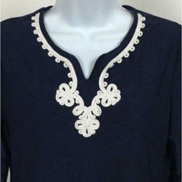 Allison Daily Womens Top Size SP Navy Blue with White Trim on Neck and Sleeves - Picture 2 of 14